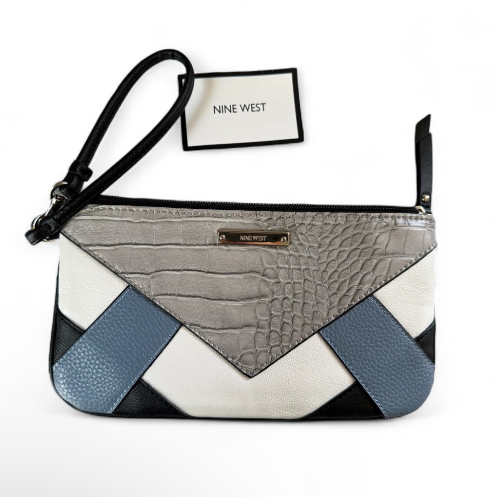 Nine West Internal Affairs Colorblock Wristlet Gray Blue Faux Croc Accent